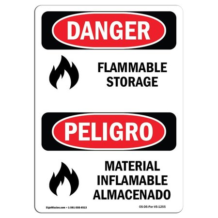 SIGNMISSION Safety Sign, OSHA Danger, 7" Height, Flammable Storage Bilingual Spanish OS-DS-D-57-VS-1255